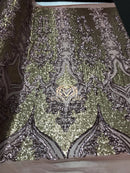 4 Way Stretch - Light Gold and Silver - Two Tone Flower Design Sequins On Stretch Mesh By The Yard