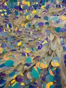 Iridescent Jumbo Oval Sequins - Green Iridescent - Paillette Oval Sequins Fabric on White Mesh Sold By Yard