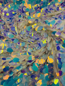 Iridescent Jumbo Oval Sequins - Green Iridescent - Paillette Oval Sequins Fabric on White Mesh Sold By Yard