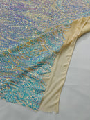 Long Wavy Pattern Sequins - Aqua Blue Iridescent - 4 Way Stretch Sequins Fabric Line Design By Yard
