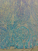 Long Wavy Pattern Sequins - Aqua Blue Iridescent - 4 Way Stretch Sequins Fabric Line Design By Yard