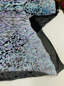 Damask Decor Sequins - Aqua Blue on Black - 4 Way Stretch Design High Quality Fabric By Yard