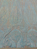 Long Wavy Pattern Sequins - Aqua Iridescent - 4 Way Stretch Sequins Fabric Line Design By Yard