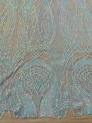 Long Wavy Pattern Sequins - Aqua Iridescent - 4 Way Stretch Sequins Fabric Line Design By Yard