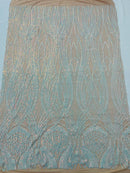 Long Wavy Pattern Sequins - Aqua Iridescent - 4 Way Stretch Sequins Fabric Line Design By Yard