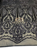 Sequins - Navy - 4 Way Stretch Fancy Fabric Embroidered On Mesh Sold By The Yard
