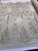 Sequins - Gold - 4 Way Stretch Fancy Fabric Embroidered On Mesh Sold By The Yard
