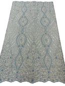 Bead Fashion Damask Fabric - Baby Blue - Beaded Sequins Geometric Design on Mesh Sold By Yard
