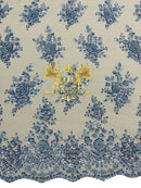 Floral Beaded Fabric - Baby Blue - Embroidered Beaded Flowers Cluster Design on a Mesh Sold By Yard