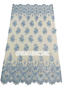 Round Flower Beaded Fabric - Baby Blue - Embroidered Fashion Design Beads and Sequins On Mesh by The Yard