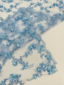 3D Lace Flower Fabric - Baby Blue - Embroidered Sequins and 3D Floral Patterns on Lace By Yard