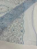 Bead Fashion Damask Fabric - Baby Blue - Beaded Sequins Geometric Design on Mesh Sold By Yard