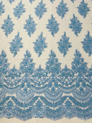 Beaded Flower Cluster Fabric - Baby Blue - Embroidered Beaded Fancy Border Floral Fabric Sold By Yard