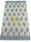 Floral Beaded Fabric - Baby Blue - Embroidered Beaded Flowers Cluster Design on a Mesh Sold By Yard