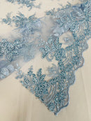 Floral Plant Lace Fabric - Baby Blue - Flower Plant Design Lace Sequins Fabric Sold By Yard