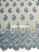 Round Flower Beaded Fabric - Baby Blue - Embroidered Fashion Design Beads and Sequins On Mesh by The Yard