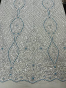 Bead Fashion Damask Fabric - Baby Blue - Beaded Sequins Geometric Design on Mesh Sold By Yard