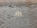 Big Damask Sequins Fabric - White on Nude Mesh - 4 Way Stretch Damask Sequins Design Fabric By Yard