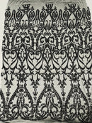 4 Way Stretch - Black - Sequins Damask Design Fabric Embroidered On Mesh Sold By The Yard
