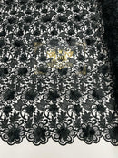 Guipure Floral Lace Fabric - Black - Floral Pearls Guipure Fabric Sold By Yard
