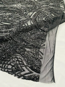 Long Wavy Pattern Sequins - Black - 4 Way Stretch Sequins Fabric Line Design By Yard