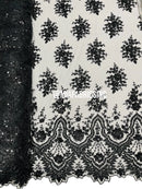 Round Flower Beaded Fabric - Black - Embroidered Fashion Design Beads and Sequins On Mesh by The Yard