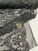 Heart Damask Sequins - Black - 4 Way Stretch Elegant Shiny Net Sequins Fabric By Yard