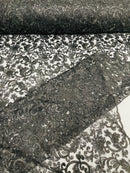Metallic Floral Lace Fabric - Black - Embroidered Sequins Floral Design Sold By Yard