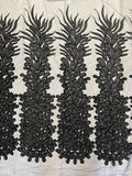 3D Beaded Peacock Feathers - Vegas Design Embroidered Sequins and Beads On a Mesh Lace Fabric - 15 Yard Roll