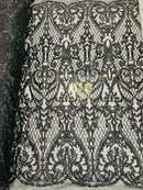 Heart Damask Sequins - Black - 4 Way Stretch Elegant Shiny Net Sequins Fabric By Yard