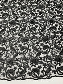 Metallic Floral Lace Fabric - Black - Embroidered Sequins Floral Design Sold By Yard