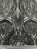 Long Wavy Pattern Sequins - Black - 4 Way Stretch Sequins Fabric Line Design By Yard