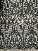 Heart Damask Sequins - Black - 4 Way Stretch Elegant Shiny Net Sequins Fabric By Yard
