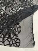 Elegant Floral Leaf Design - Black - 4 Way Stretch Sequins Lace Spandex Fabric By Yard