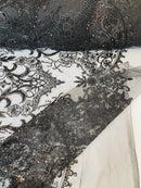 Beaded Fabric by yard - Black - Damask Pattern With Beads and Sequin, Appliqué Lace for Bridal and Prom Dress