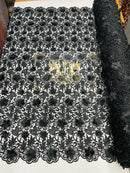 Guipure Floral Lace Fabric - Black - Floral Pearls Guipure Fabric Sold By Yard