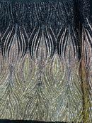 Multi-Color Fabric - Black/Rose/Light Gold - Feather Shape Sequins Fabric Sold By Yard