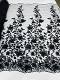 3D Pearl Floral Fabric - Floral Design Embroidered on Mesh Lace Fabric - 25 Yard Roll