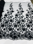 3D Pearl Floral Fabric - Floral Design Embroidered on Mesh Lace Fabric - 25 Yard Roll