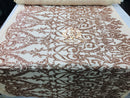 4 Way Stretch - Rose Gold - Sequins Damask Design Fabric Embroidered On Mesh Sold By The Yard