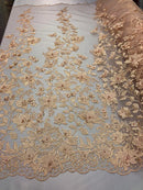 3D Pearl Floral Fabric - Floral Design Embroidered on Mesh Lace Fabric - 25 Yard Roll