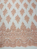 Beaded Flower Cluster Fabric - Blush Pink - Embroidered Beaded Fancy Border Floral Fabric Sold By Yard