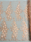3D Rhinestone Rose Fabric - Blush - Embroidered 3D Roses Design on Mesh Fabric Sold by Yard