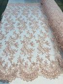 Lace Sequins Fabric - Corded Flower Embroidery Design Mesh Fabric - 25 Yard Roll