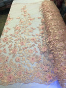 3D Pearl Floral Fabric - Floral Design Embroidered on Mesh Lace Fabric - 25 Yard Roll