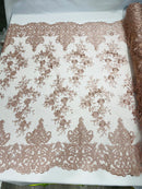Damask Lace - Floral Damask Design Embroidered on Mesh Lace Fabric - 25 Yard Roll