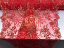 Beaded - Red - Fancy Flower Design Sequins Fabric with Beads Sold By The Yard