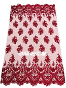 Round Flower Beaded Fabric - Burgundy - Embroidered Fashion Design Beads and Sequins On Mesh by The Yard