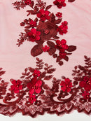 Floral 3D Rose Fabric - Burgundy - Embroided Rose Flower Design Fabric Sold by Yard