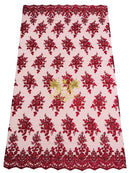 Floral Beaded Fabric - Burgundy - Embroidered Beaded Flowers Cluster Design on a Mesh Sold By Yard